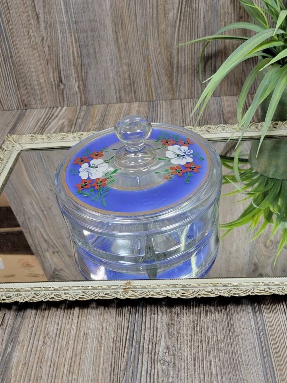 Vintage Glass Divided Candy Dish Covered Bowl Clear Hand Painted Blue Lid